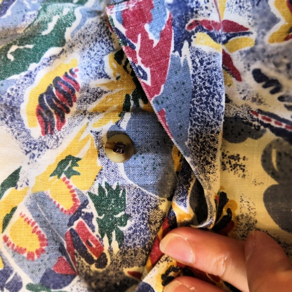 Vintage Bugle Boy Blue Yellow Button Down Hawaiian Aloha Beach Cotton Shirt 90s - Picture 7 of 8